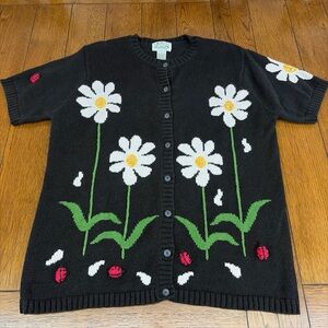 Quacker Factory Cardigan Short Sleeve Sweater Womens L Daisies Ladybugs Spring